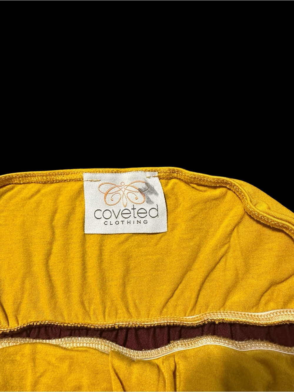 Coveted Clothing Mustard Yellow Bow Strapless Dress with Burgundy Skirt - Picture 9 of 11